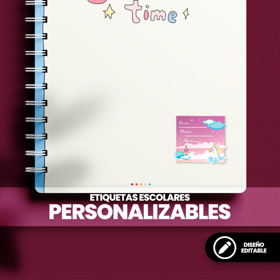 Etiqueta escolar infantil de 5x5 cm con diseño de unicornio, editable con nombre, materia y grado
