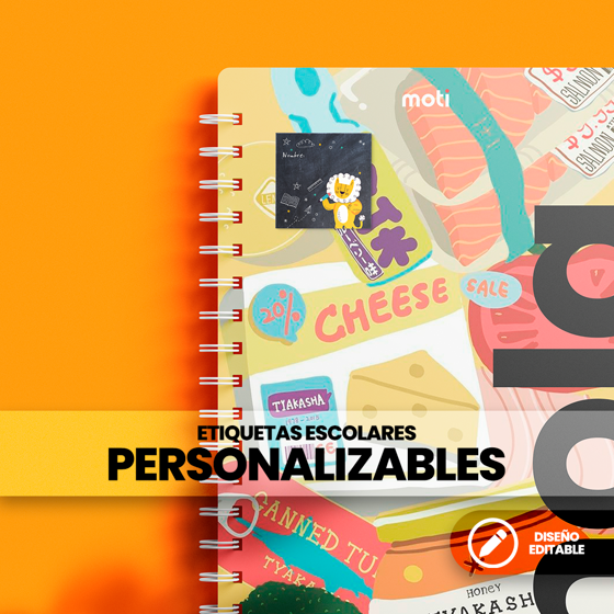 Etiqueta escolar infantil de 5x5 cm con diseño de león, editable con nombre, materia y grado