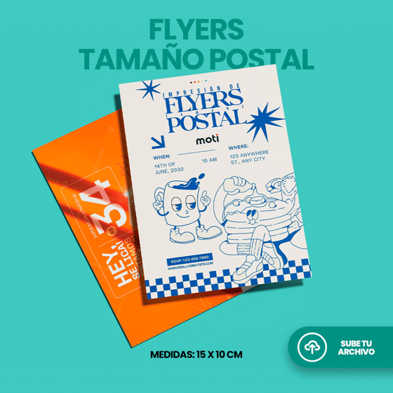 Flyer publicitario de 15 x 10 cm en tamaño postal, impresión personalizada, sube tu archivo